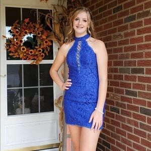 Val Stefani blue lace halter style homecoming dress